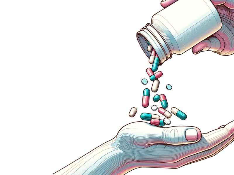 antibiotics dropped from bottle in hands